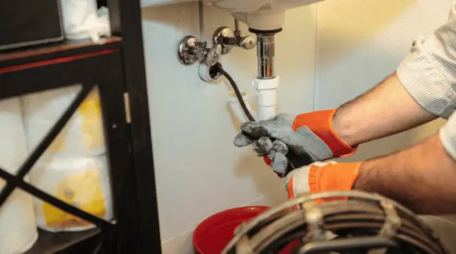 Drain cleaning technician using a motorized plumbing snake to clear a clogged sink pipe in Buffalo, NY